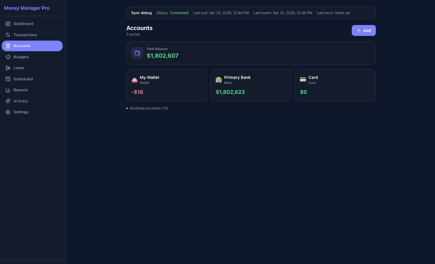 Accounts — web dark theme