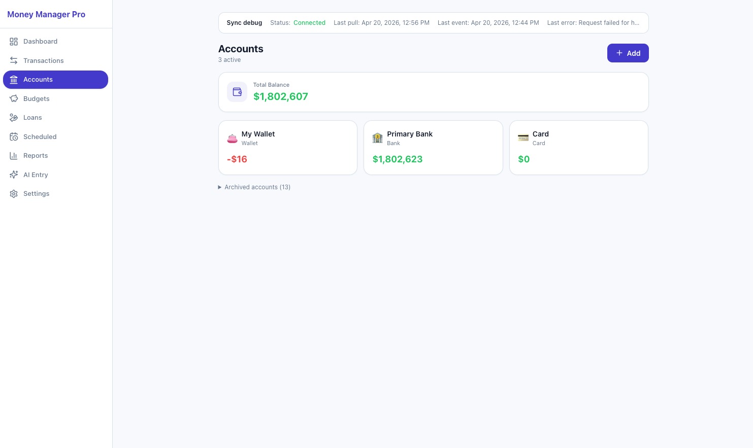 Accounts — web light theme