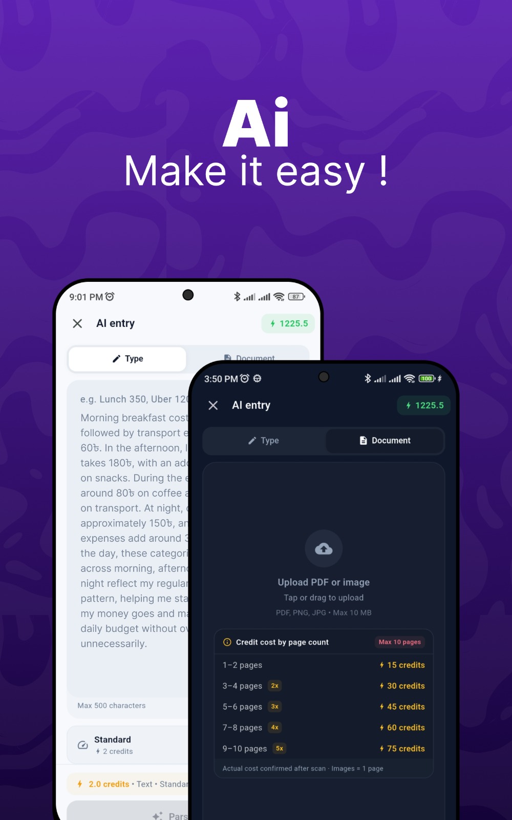 AI-powered entry input — scan receipts and bank statements