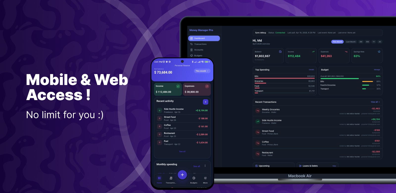 Access Money Manager Pro on the web — dark theme