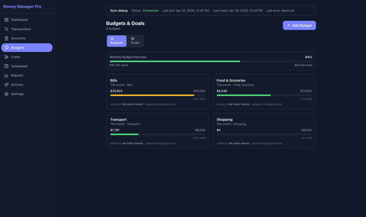 Budgets — web dark theme
