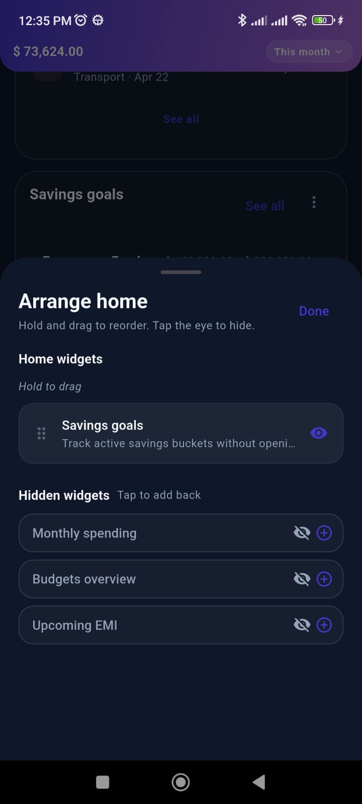 Customize widget screen — dark theme