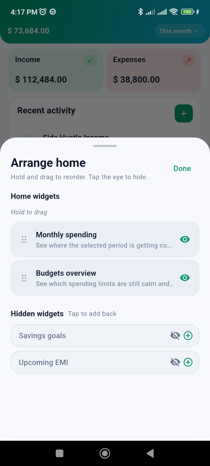 Customize widget screen — light theme