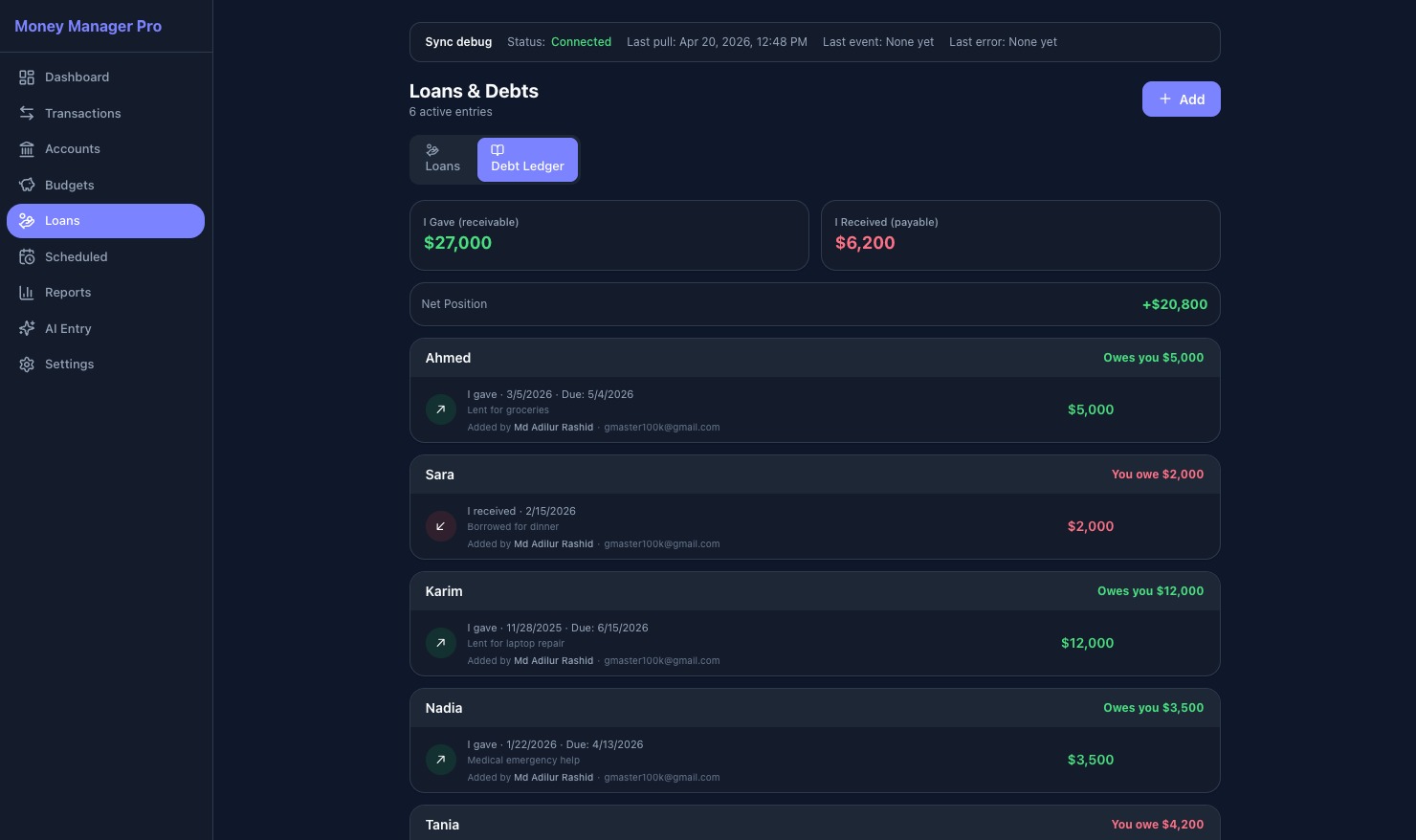 Debt ledger — web dark theme