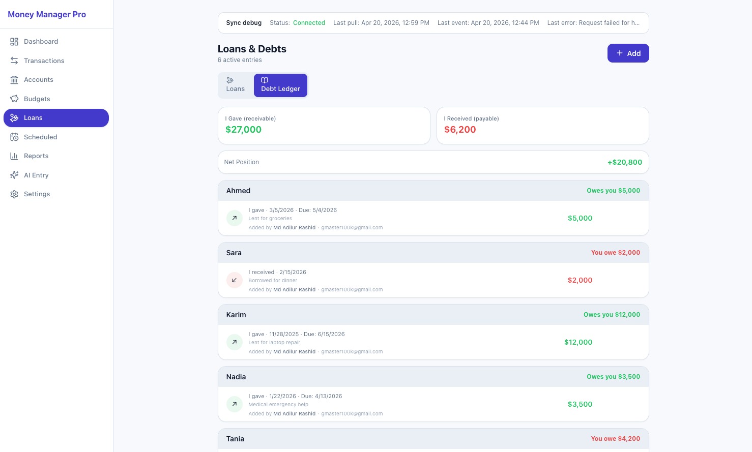 Debt ledger — web light theme