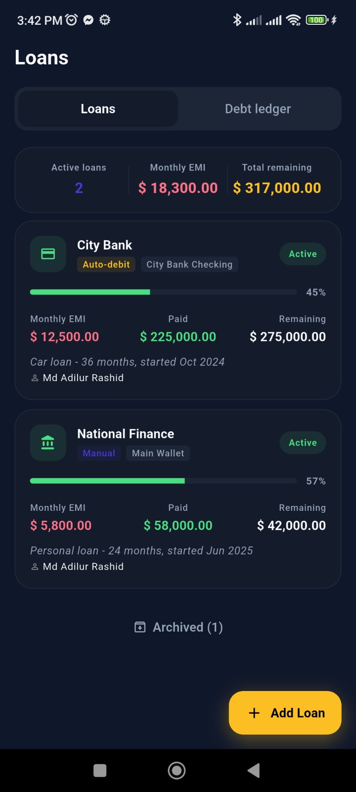 Loans and debt ledger — dark theme