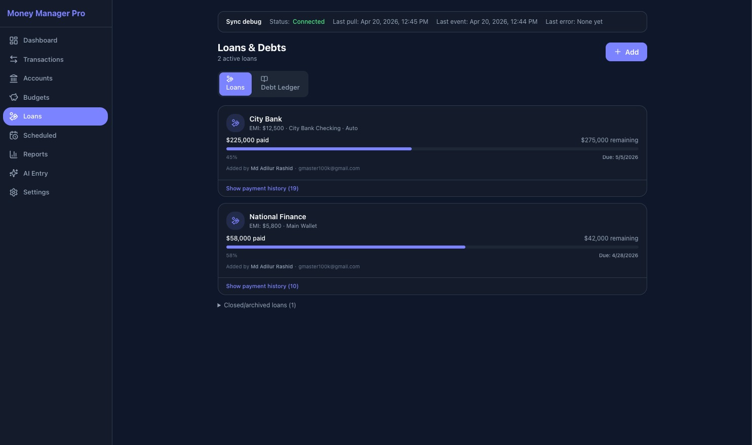 Loans — web dark theme