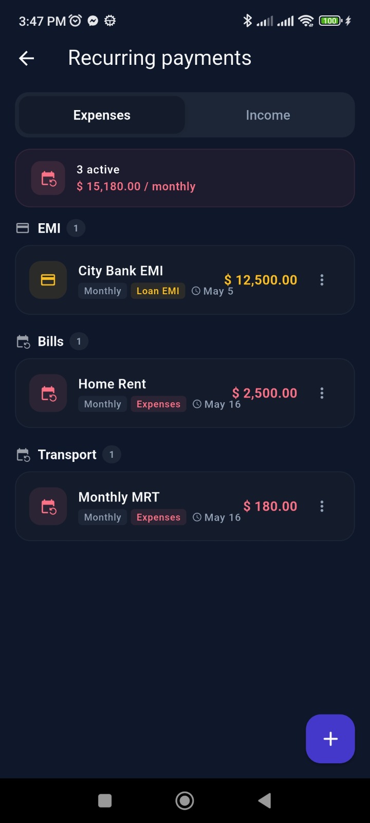 Recurring payment schedule — dark theme