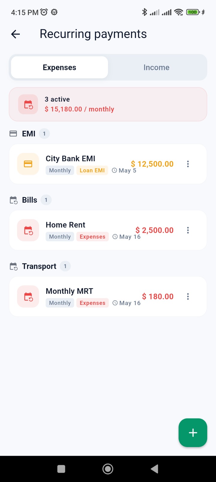 Recurring payment schedule — light theme