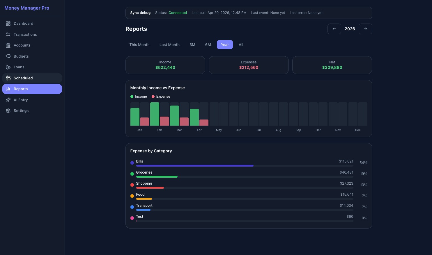 Reports — web dark theme