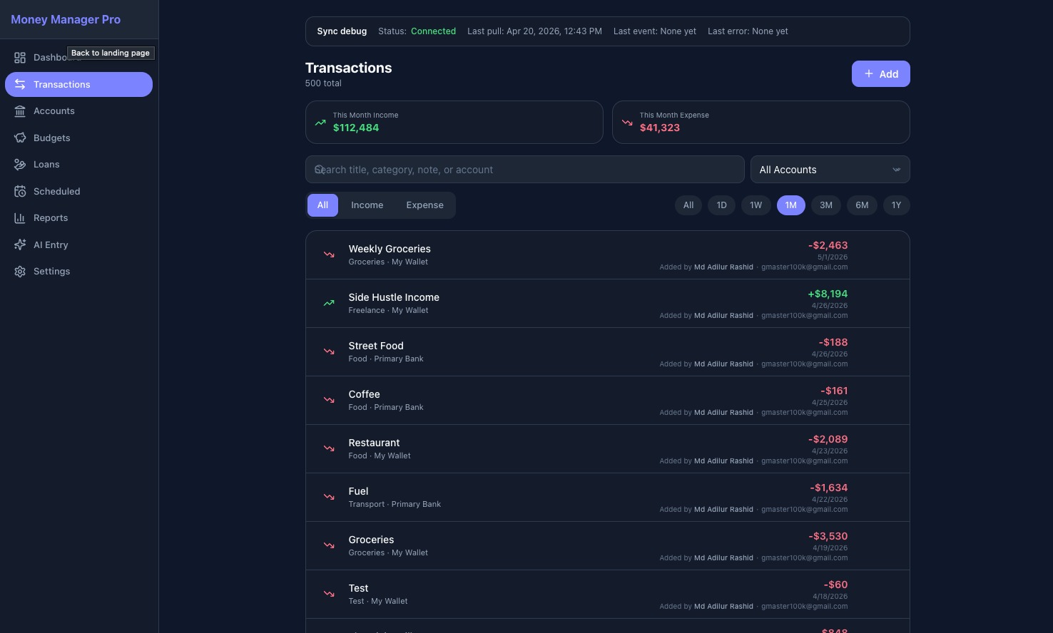 Transactions — web dark theme